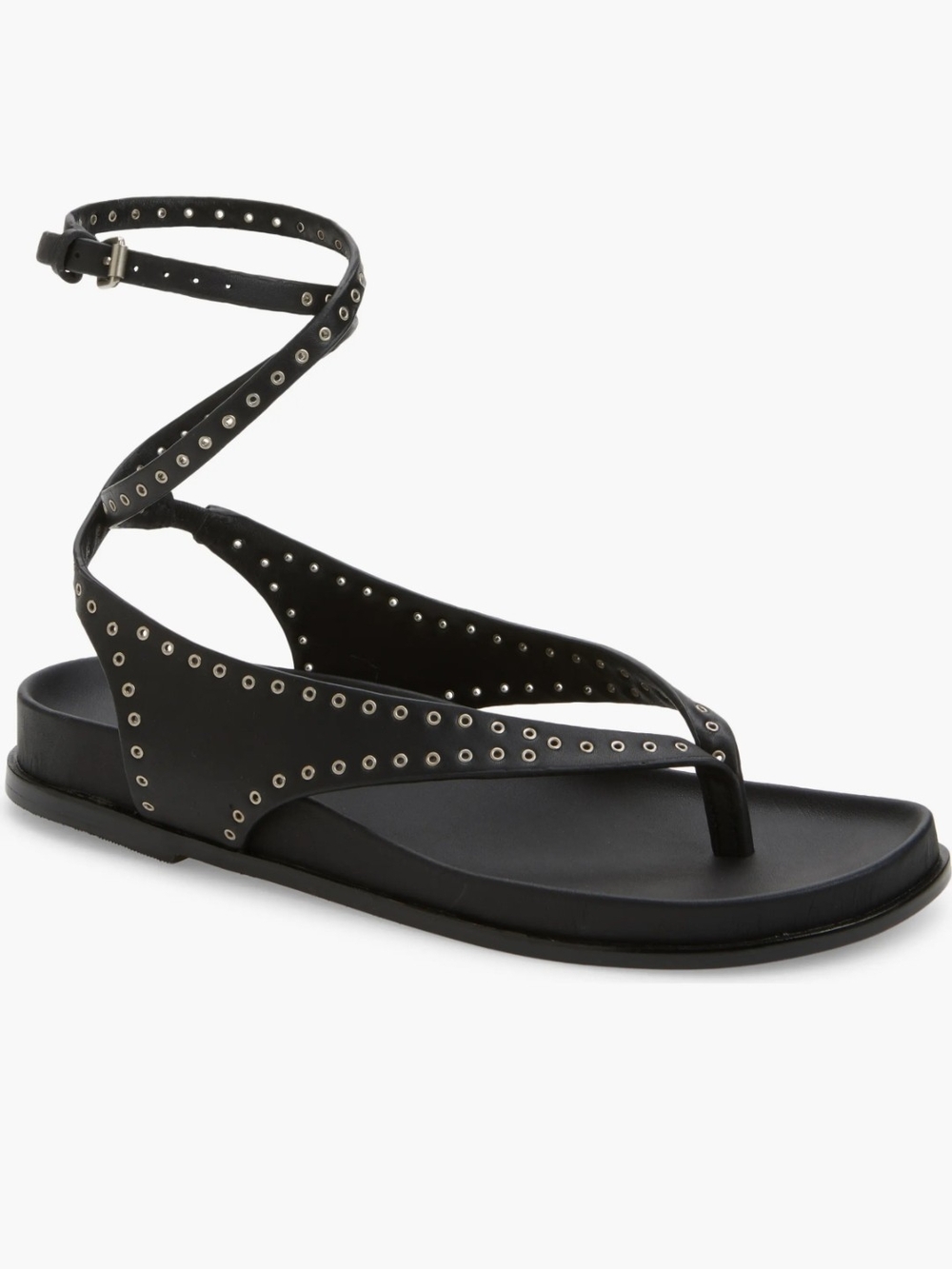 Madewell Eleni Black Eyelet Ankle-Wrap Thong Sandals with Silver Accents 7.5